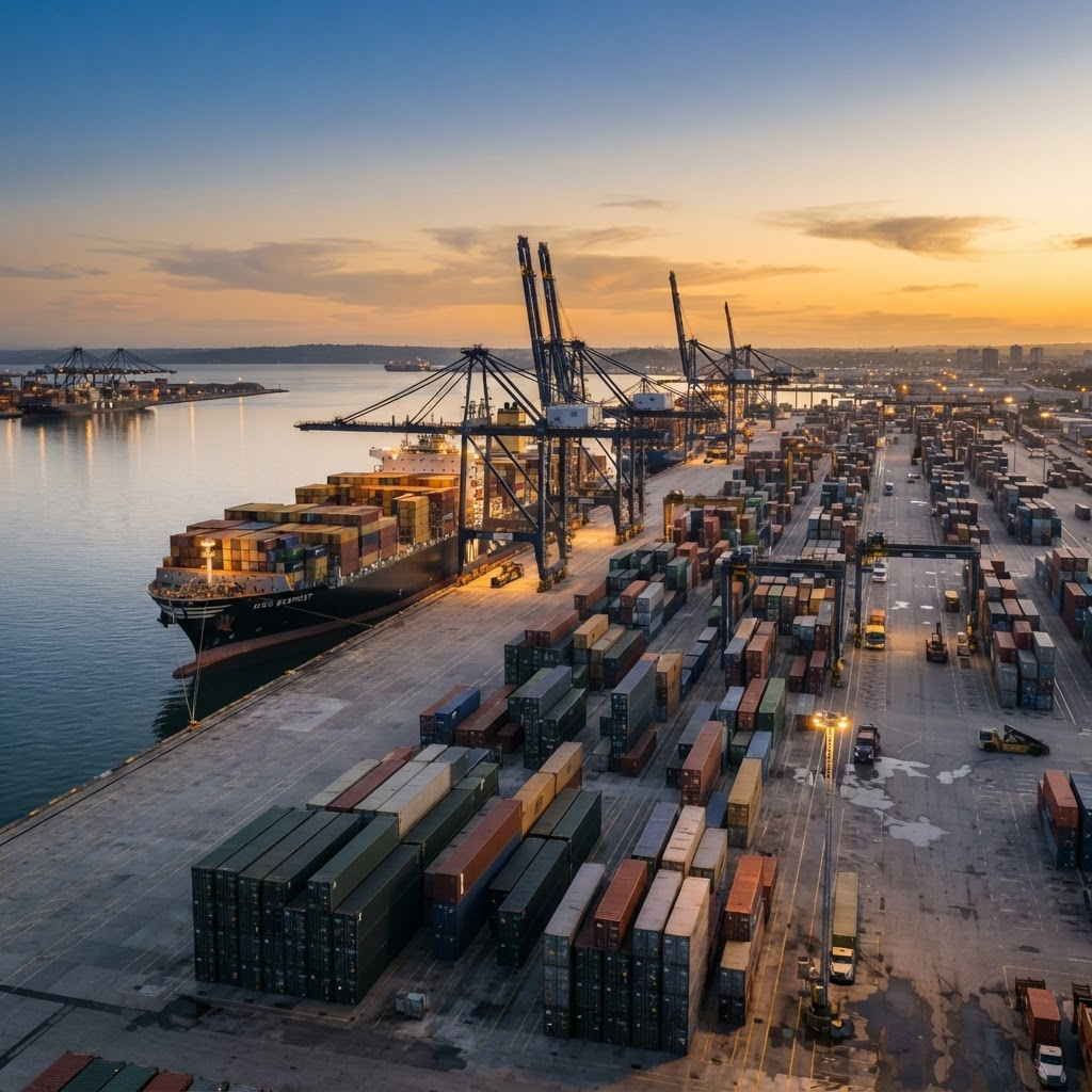 Aerial view of a busy Asia-Pacific shipping port at golden hour